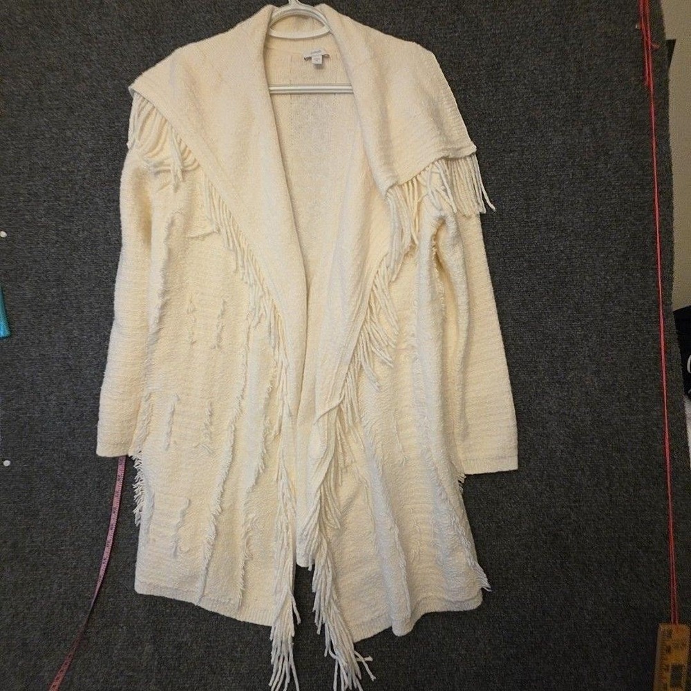 Pure Jill Cardigan Sweater Womens M White Fringe Open Front Longline Knit